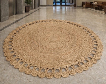 Custom Size Jutes Rug, Circle Area Rug, Black Border Jute Carpet, Hand Braided Doormat