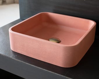 Square concrete vessel sink. Vanity sink. Peachy Pink