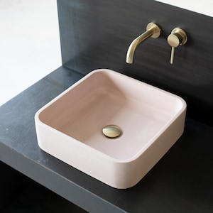 Square concrete vessel sink. Handcrafted wash basin. Light Pink