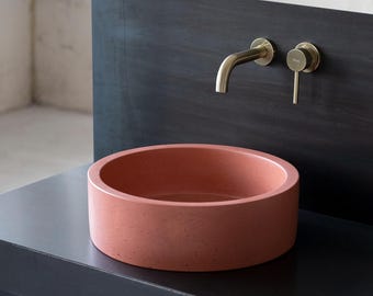 Round concrete sink. Wash basin. D40cm 15 3/4 inch. Peachy Pink BTN106