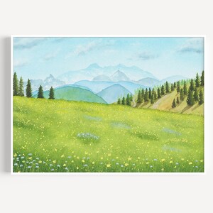 Meadow Flowers Painting, Art Print Download, Mountain Range Wall Art, Wildflowers Painting, Flowers Landscape Wall Art, Printable Home Decor