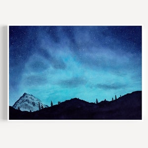 Nachthimmel Print, Sternenklare Nacht Landschaftsmalerei, Galaxie Malerei, Aquarell Kunstdruck, minimalistische Landschaftswandkunst, Nachtszenenplakat