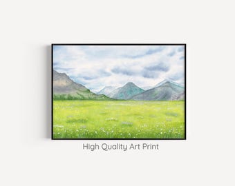 Meadow Print, Meadow Flowers Wall Art, Wildflowers Wall Print, Mountain Landscape Painting, Field Landscape Art, Watercolor Landscape Decor