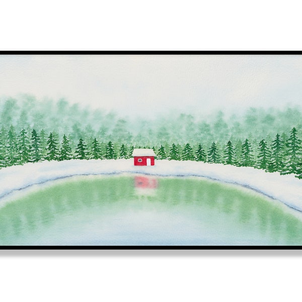 Frame TV Art, Winter Lake Painting, Pine Tree Wall Art, Winter Landscape Painting, Christmas Wall Decor, Holiday Decor for Samsung Frame TV