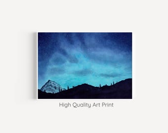 Starry Night Landscape Art Print, Galaxy Watercolor Painting, Night Scene Minimalist Wall Decor Poster