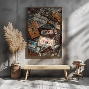 May include: A framed print featuring a collage of vintage cassette tapes in various colors, including orange, blue, and purple. The artwork has a distressed, aged appearance, evoking a retro aesthetic. The print is displayed above a wooden bench and stool.