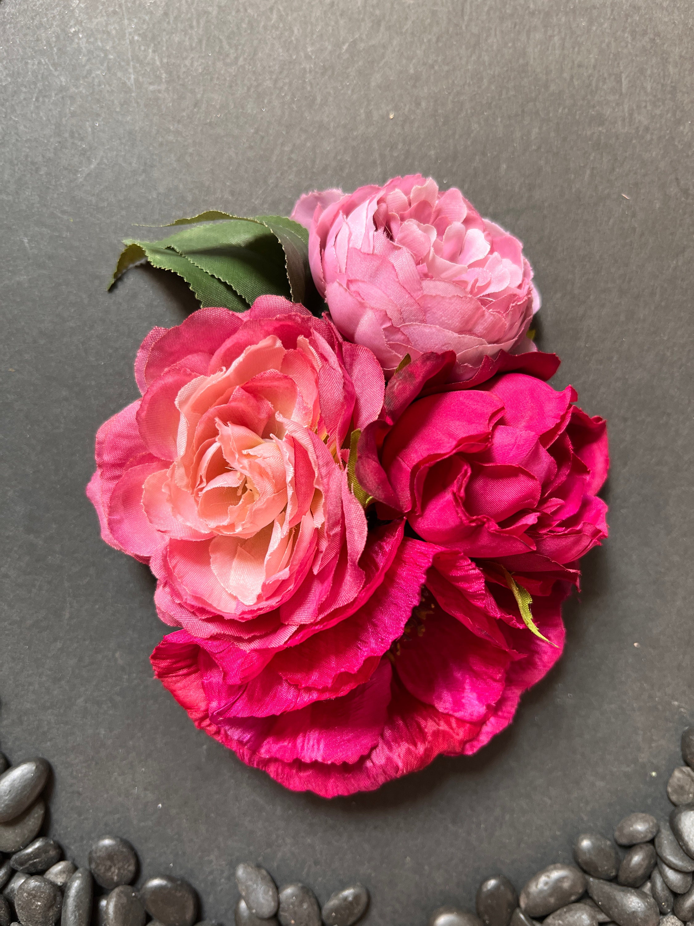 Hot Pink Poppy Faux Flower Hair Clip. With Soft Pink Roses. Pinup