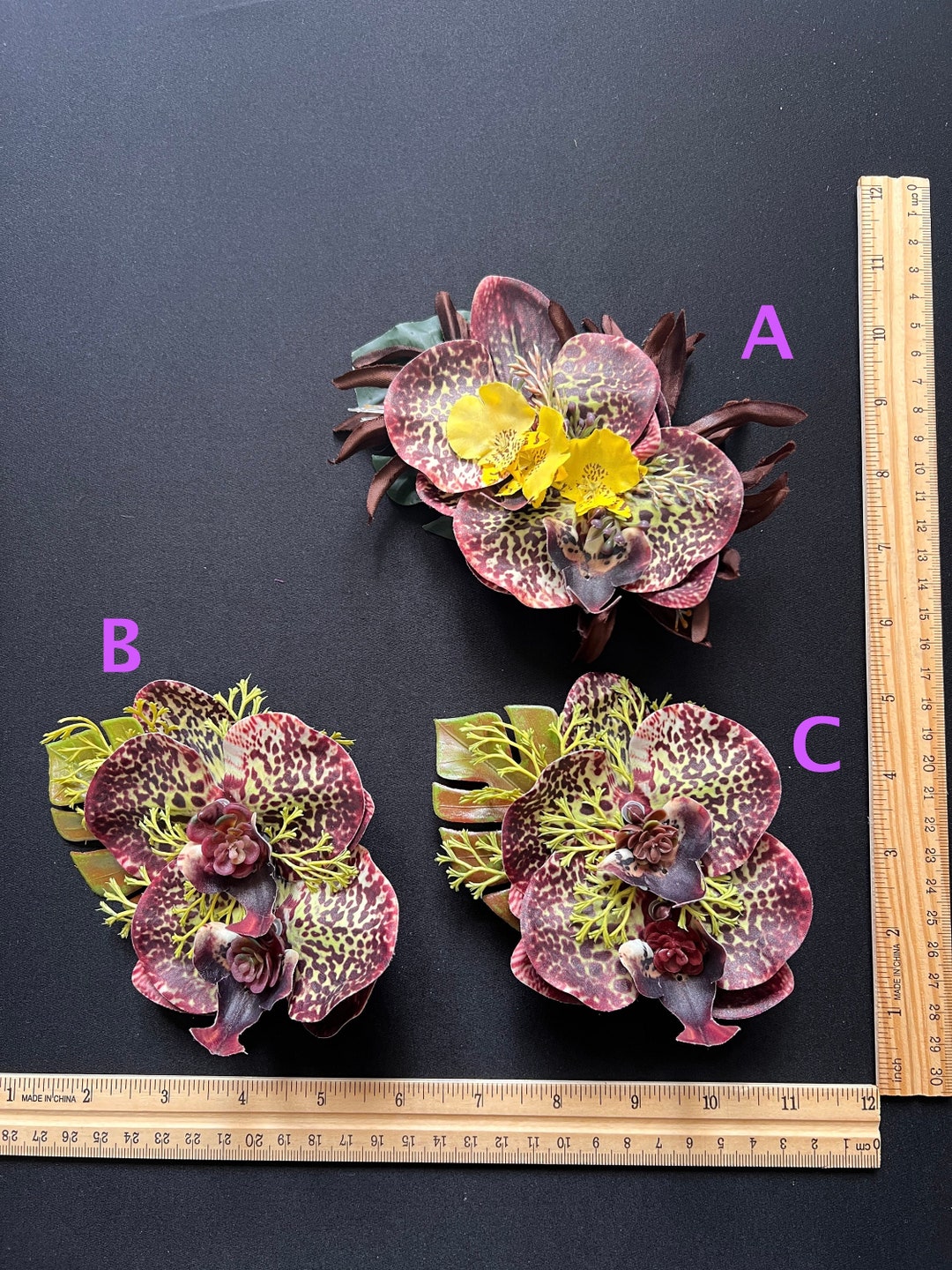 Maroon and Chartreuse Spotted Orchids Faux Flower Hair Clip. Green Leaf