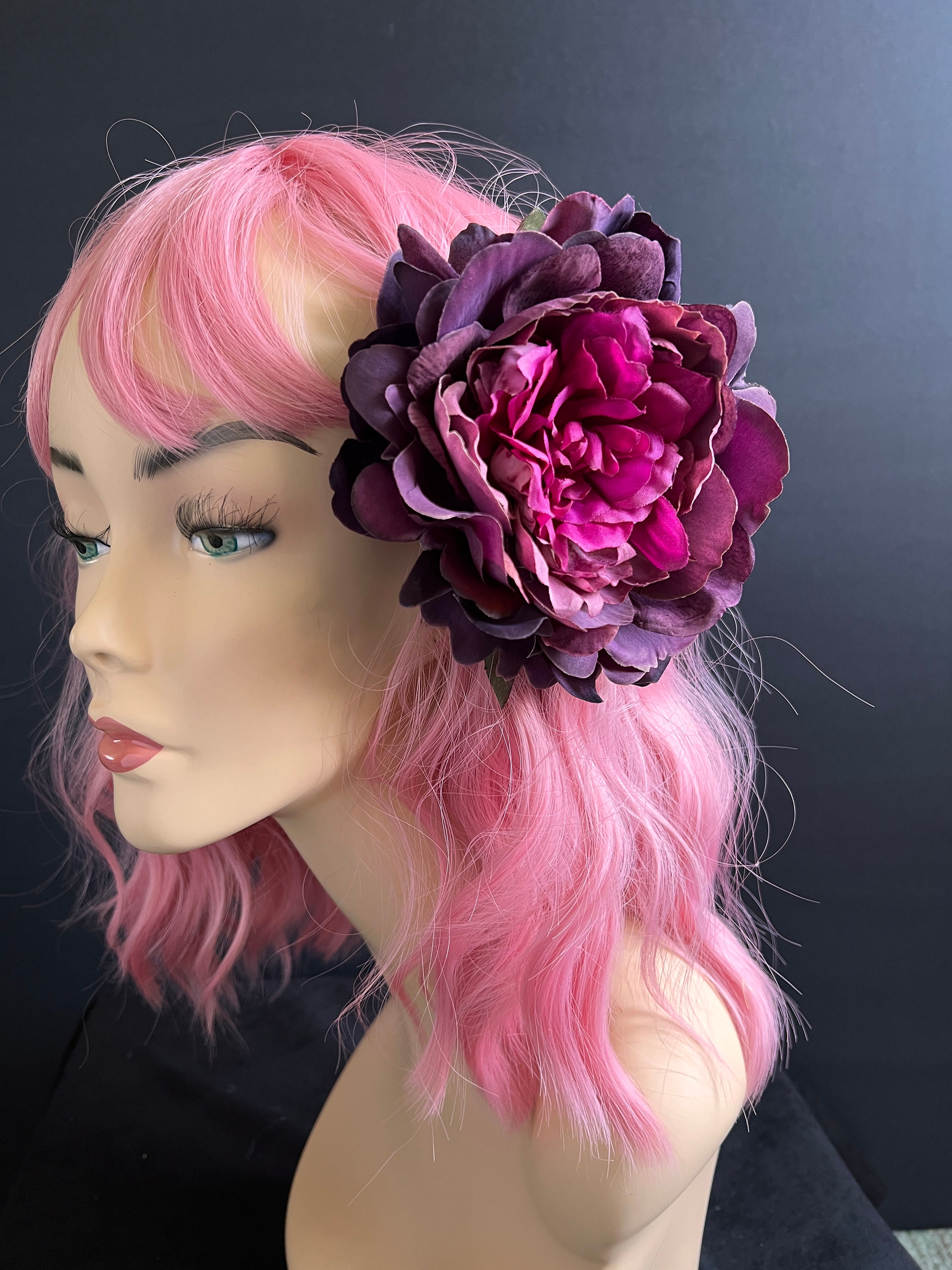 Deep Pink and Deep Purple Faux Flower Hair Clip With Green Leaf Accents