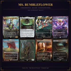 May include: A digital display showing eight Magic: The Gathering trading cards from the Ms. Bumbleflower Commander Deck. The cards feature diverse fantasy illustrations, including a rabbit, a cauldron, and landscapes, with printed text and game rules.