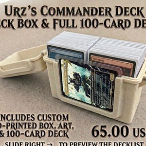 May include: A beige 3D-printed deck box containing a 100-card deck. The box features a front display slot holding a single trading card. Text on the image reads: Urz's Commander Deck, Deck Box & Full 100-Card Deck, Includes Custom 3D-Printed Box, Art, & 100-Card Deck, 65.00 USD, Slide Right to Preview the Decklist.
