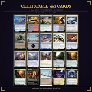 May include: A digital display of twenty Magic: The Gathering trading cards arranged in a grid. The header reads CEDH STAPLE 661 CARDS, 540 CARD CUBE, VINTAGE POWERED, DRAFT READY. The cards feature various illustrations, text, and symbols in a dark frame.