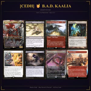 Könnte beinhalten: Eine digitale Anzeige mit acht Magic: The Gathering-Sammelkarten mit dem Titel [CEDH] B.A.D. KAALIA. Die Karten umfassen Kaalia of the Vast, Ad Nauseam, Ancient Copper Dragon, Ancient Tomb, Angel's Grace, Animate Dead, Archivist of Oghma und Arena of Glory.