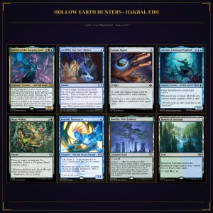 May include: A digital preview page titled HOLLOW EARTH HUNTERS - HAKBAL EDH displaying eight Magic: The Gathering trading cards arranged in two rows. The cards feature various fantasy illustrations, text, and game mechanics on blue and green borders.