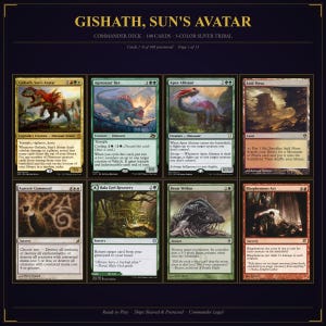 Pode incluir: Uma prévia de um baralho Commander de cartas Magic: The Gathering. As cartas apresentam criaturas dinossauro e outros feitiços. O texto "Gishath, Sun's Avatar" está no topo, com nomes e descrições de cartas visíveis.