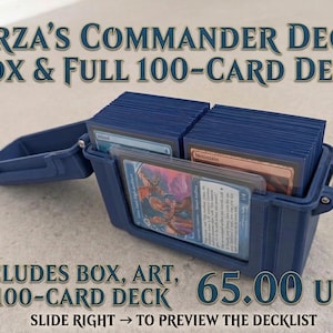 May include: A dark blue plastic storage box containing a 100-card deck of trading cards. The text reads: Urza's Commander Deck Box & Full 100-Card Deck. Includes box, art, & 100-card deck. 65.00 USD. Slide right to preview the decklist.