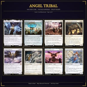 May include: A digital display of eight Magic: The Gathering trading cards titled Angel Tribal, featuring Giada, Font of Hope, Aetherflux Reservoir, Akroma's Will, Angel of Condemnation, Angel of Destiny, Angel of Jubilation, Angel of the Ruins, and Angel of Vitality.