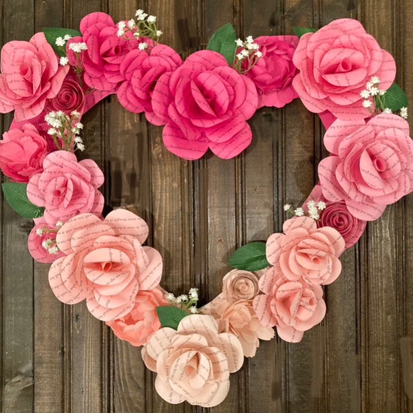 Pink Ombré Heart Shaped Wreath with Book Page Paper Rose Flowers for Valentine’s Day or any day!