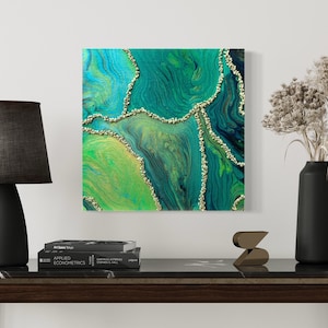 Abstraktes Bild, handgemalt, Acrylgemälde, Fluid Art, 30x30 Grün