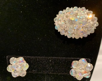 Vintage Aurora Borealis Kristall Brosche und Ohrclips Set