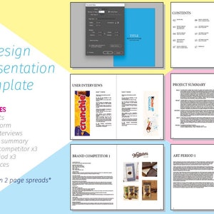 Op de afbeelding: Een 19-pagina's InDesign-presentatie sjabloon met een lichtblauwe en gele achtergrond. Het sjabloon bevat secties voor inhoud, brainstormen, gebruikersinterviews, project samenvatting, merkconcurrent, kunstperiode en referenties. Elke sectie is op een spread van twee pagina's.