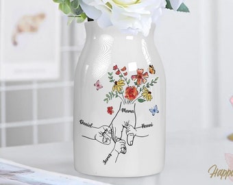 Vase floral personnalisé pour la fête des mères, le poing, le nom de petit-enfant, la main de maman florale pour la fête des mères, la maman de bébé en bas âge