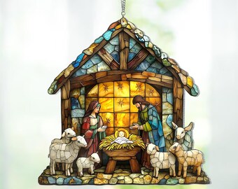 Nativity Scene Suncatcher: Faux Acrylic Christian Christmas Decor