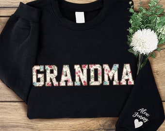 Embroidered Grandma Sweatshirt with Grandkids Names on Sleeve, Floral Mama, New Mom Gift, Mother's Day Gift, Birthday Gift for Mom