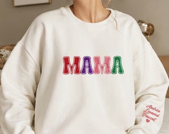 Custom Mama Embroidered Sweatshirt With Kids Names Sleeve, Personalized Mom tshirt,Pregnancy Reveal Outfit, Birthday Gift, Mothers Day Gift