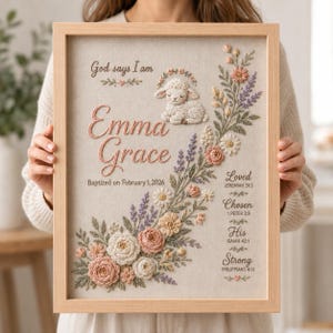 Personalized Baptism Embroidery Art Framed God Says I Am Custom Name Lamb Scripture Keepsake, Christening, Christian Nursery,Hand Embroidery