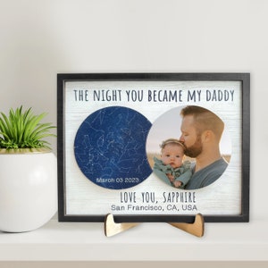 Carte des étoiles personnalisée Le jour où vous êtes devenu mon père - Plaque photo personnalisée en bois 2 couches, ciel nocturne par date, cadeau d'anniversaire pour nouveau papa, cadeau pour lui