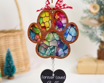 Personalized Pet Memorial Ornament, Loss of Dog Cat Paw Print Keepsake 2025, Forever Loved Sympathy Gift, FAUX Stained Glass Pet Remembrance