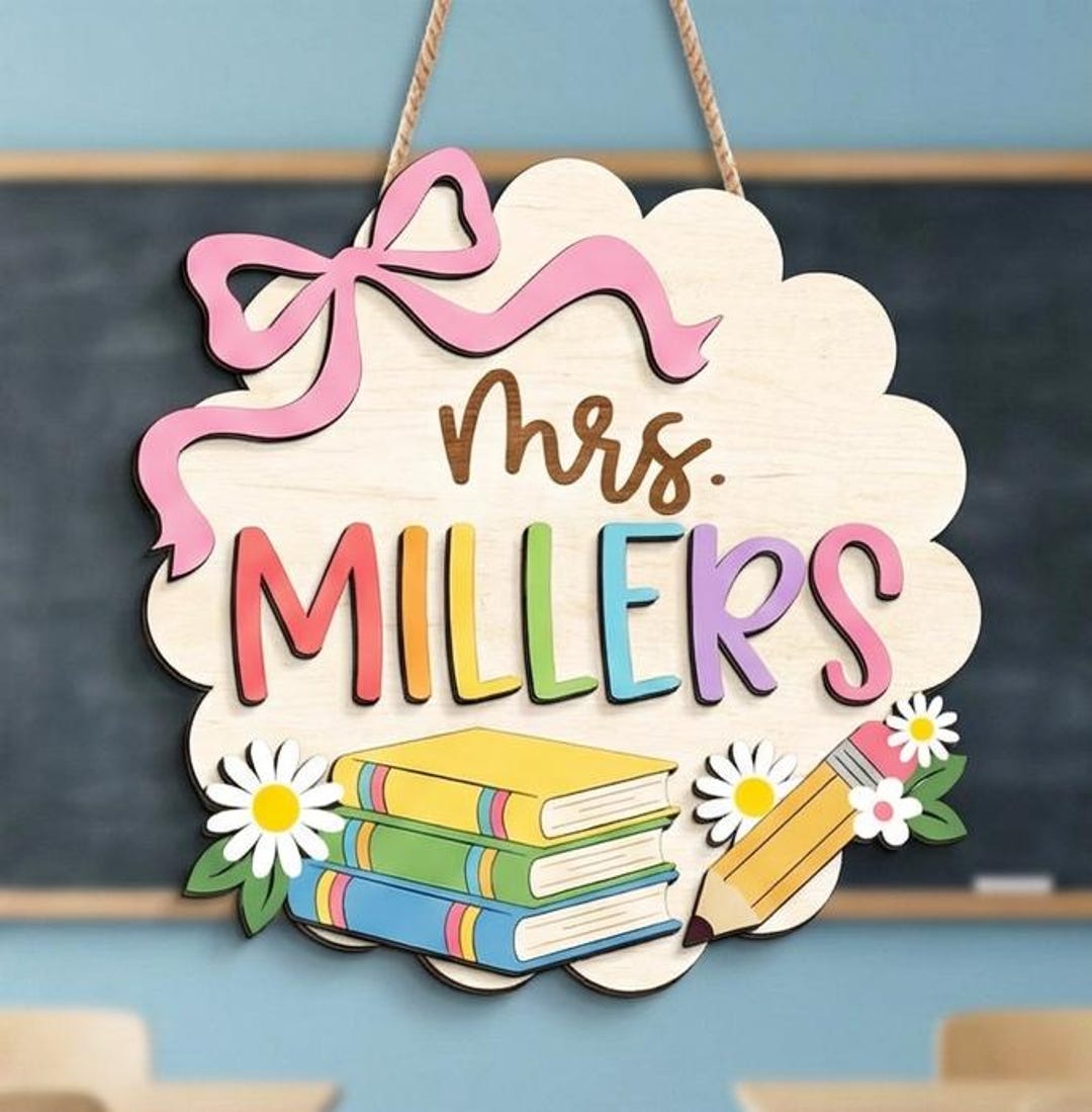 Personalized 3D Teacher Door Sign, Wooden Teacher Name Sign, Pink Bow ...