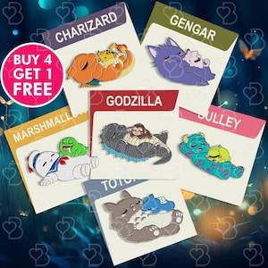 May include: A collection of colorful enamel pins featuring popular characters like Charizard, Gengar, Godzilla, Sulley, Totoro, and Marshmallow. Each pin showcases a character with a companion. The pins are displayed on cards with character names. A pink circle reads "BUY 4 GET 1 FREE".