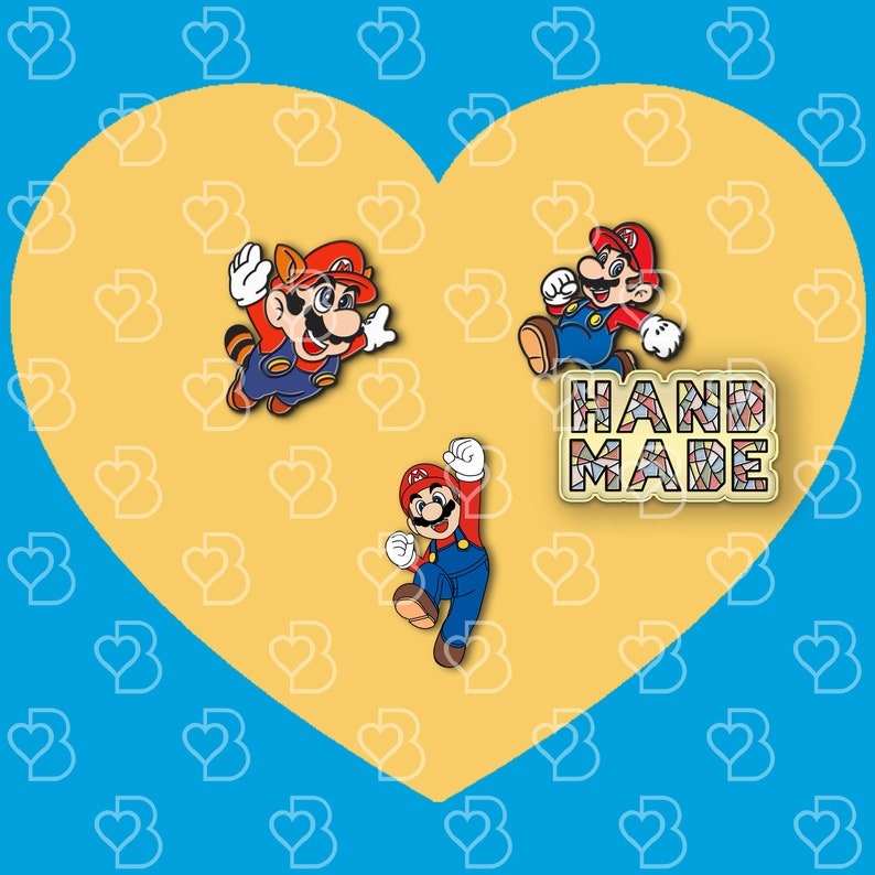 K&ouml;nnte beinhalten: Drei Emaille-Pins mit Figuren aus der Super Mario Bros. Videospielserie. Die Pins befinden sich auf einem gelben herzf&ouml;rmigen Hintergrund. Die Pins zeigen Mario, Luigi und einen Waschb&auml;r-Mario. Der Text "HAND MADE" befindet sich auf einem bunten Mosaik-Hintergrund.
