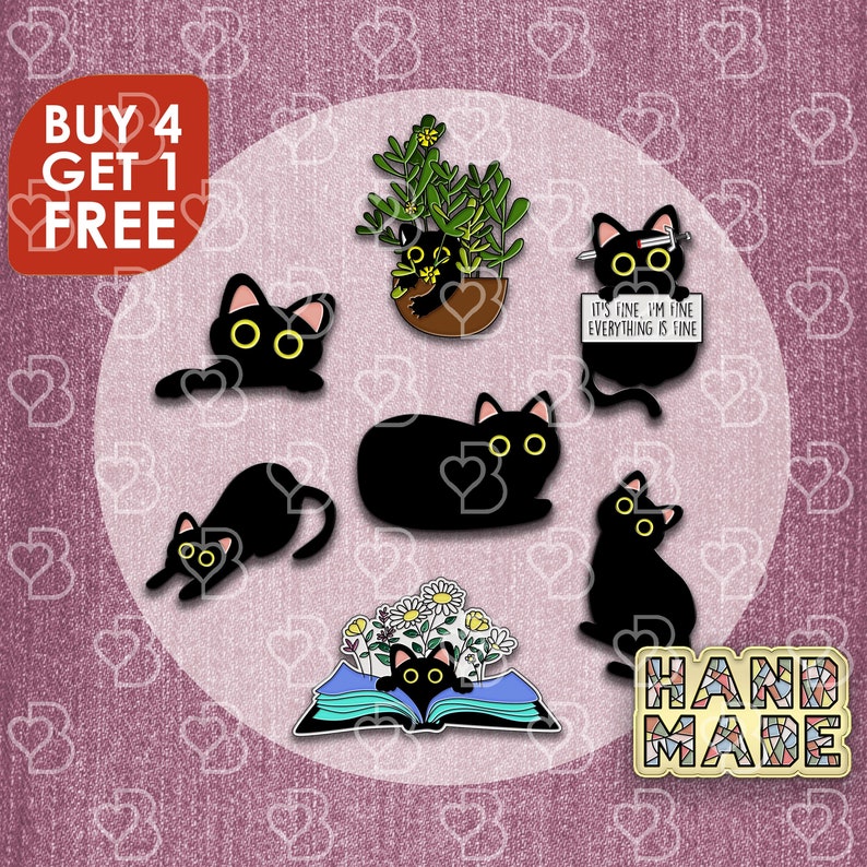 May include: Set of eight black cat enamel pins. The pins feature different poses and expressions, including a cat reading a book, a cat with a plant, a cat with a sign that says "It's fine, I'm fine, everything is fine", and a cat with a sword. The pins are all hand-made and have a colorful "HAND MADE" pin included.