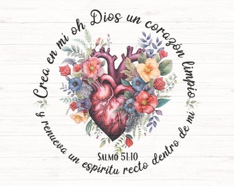 Crea en mi Dios un corazón limpio SVG PNG, Salmo 51:10 Spanish Bible Verse shirt sublimation design dtf print, Christian Friend gift.