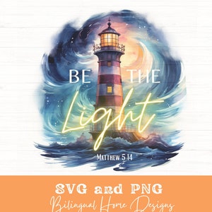 May include: A watercolor illustration of a lighthouse with a red and white striped tower, shining light against a blue and purple starry sky. The text "BE THE LIGHT" is written in yellow, with the scripture reference "MATTHEW 5:14" below.