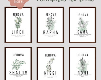 Nombres de Dios, Set de 6 Cuadros Cristianos, Decoracion Cristiana Moderna y Minimalista, Descarga Digital Jehova Shalom Nissi Jireh Rapha