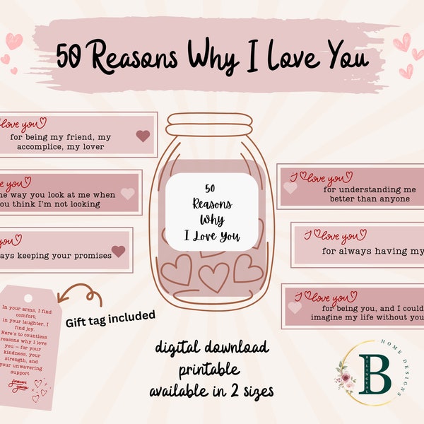 Reasons why I love You jar printable message in a bottle love notes I love you because date night idea Corny boyfriend gift last minute gift
