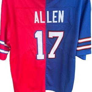 May include: A split-color sports jersey featuring a red left side and a blue right side. The back displays the name ALLEN in white block letters above the number 17 in white with a black outline. The sleeves have red, white, and blue stripes.