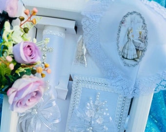 Elegant First Communion Candle Set, Rosary & Prayer Book
