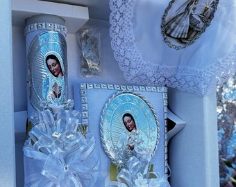 First Communion Candle Set, Rosary & Prayer Book - English/Spanish, 4-Piece