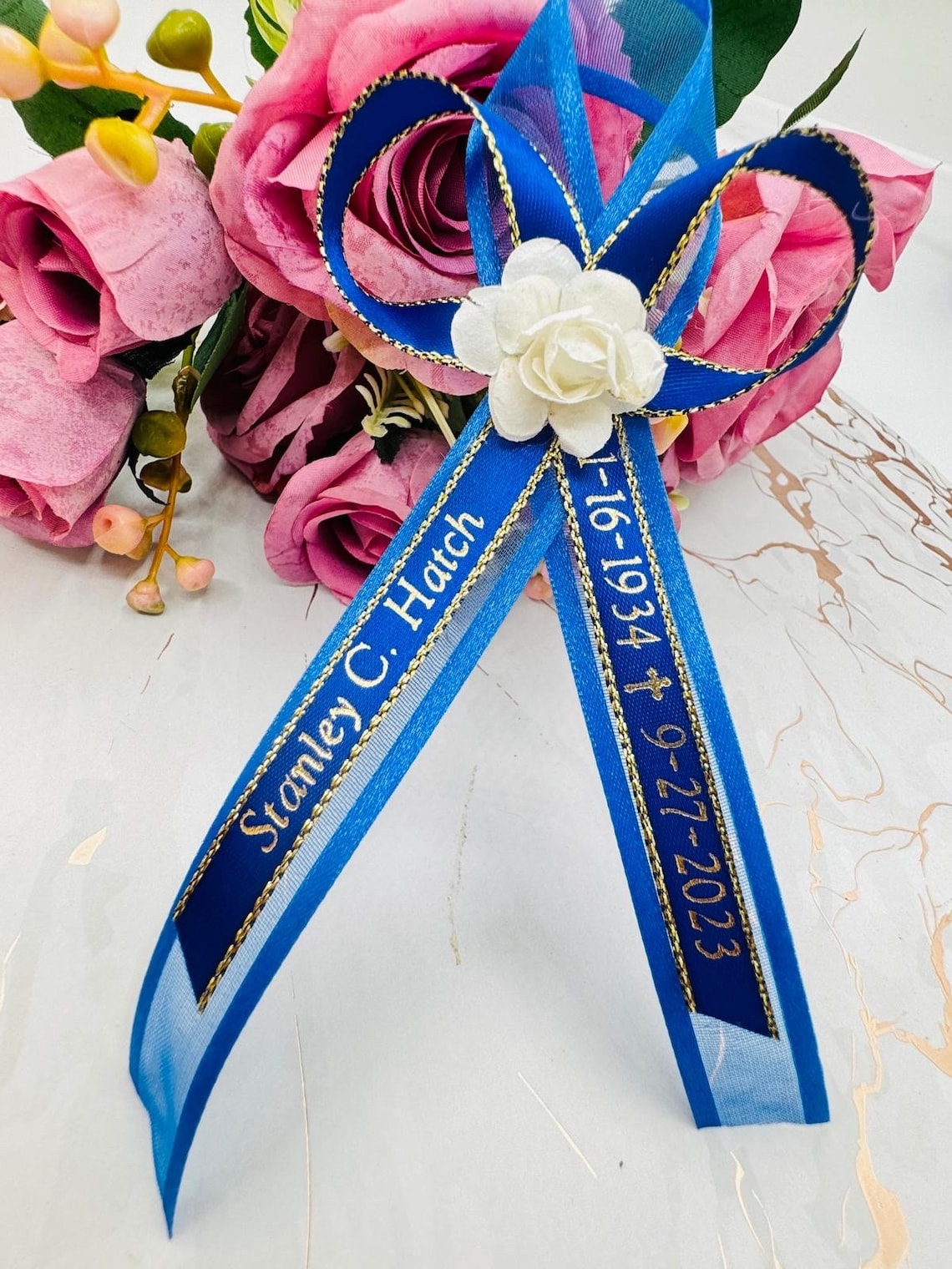Custom Funeral Ribbons Personalized Memorial Ribbon Bows, Funeral Ribbons, Royal Blue & Gold ...