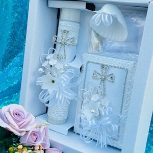 Juego de 5 velas para bautizo, velas para bautizo en inglés y español, para niños y niñas, juego de velas para bautizo, color blanco