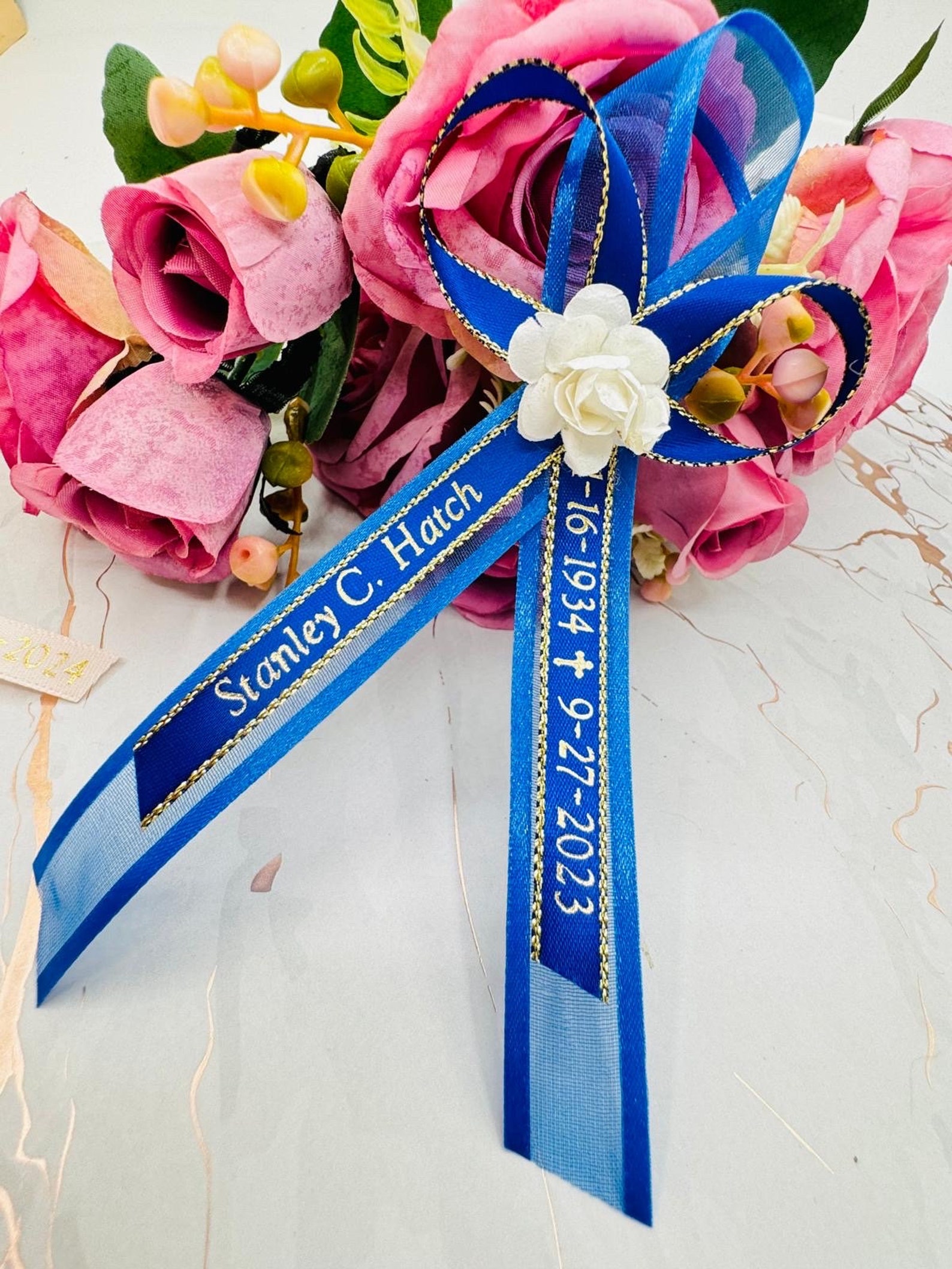 Personalized Memorial Ribbon Bows, Funeral Ribbons, Royal Blue & Gold ...