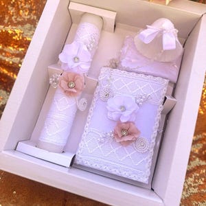 Elegant Baptism Candle set ENGLISH/SPANISH Girls set, 5pcs Candle set\ Velas para Bautizo