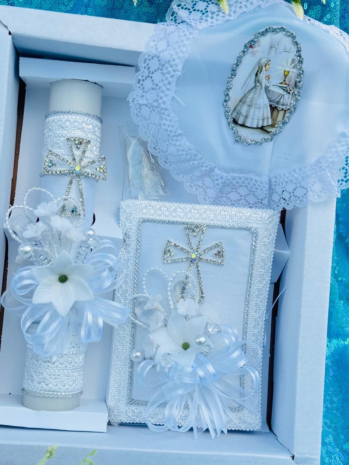 Elegant 4pcs First communion Candle set ENGLISH/SPANISH Boys/Girls White set First communion set
