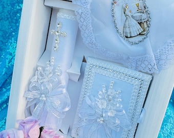 Elegant First Communion Candle Set, Rosary & Prayer Book (4pcs)