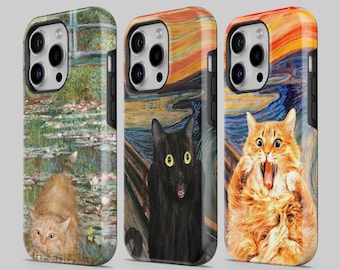 Étui pour téléphone Van Gogh, chat mignon, meme, robuste, adapté pour iPhone 15 Pro Max, 14 Plus, 13, 12, 11, XR, XS et Samsung S23, S22, A54, A53, Pixel 7,8